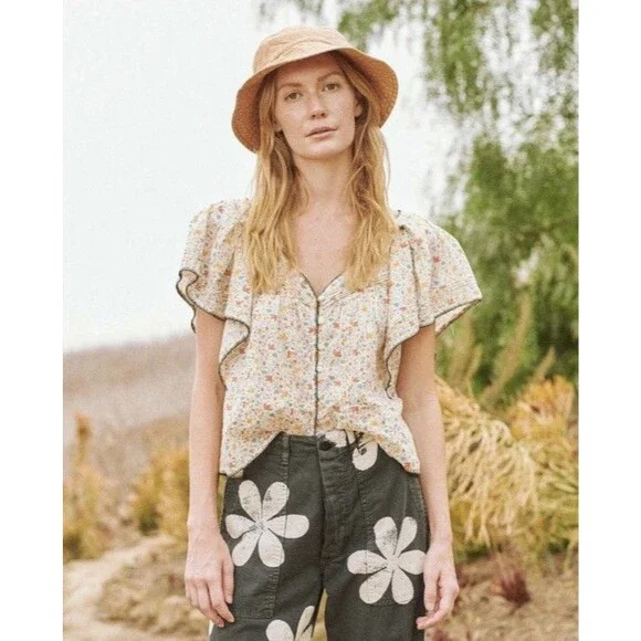 The GREAT Whip Stitch Flounce Top Shirt Ivory Floral Boho Women’s S - Picture 3 of 13